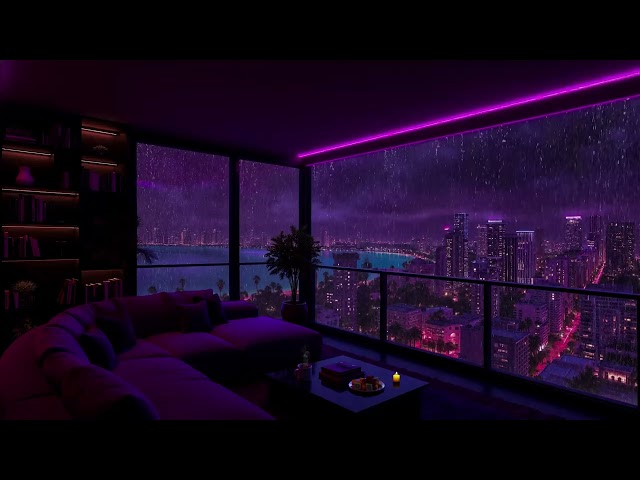 (No Ads) 💤 Rainy Miami Night Therapy • ⛈️ Rain Sounds & Luxury Penthouse View for Better Sleep