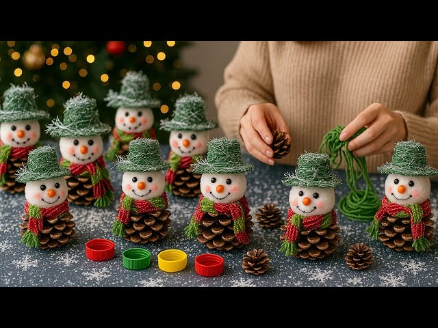 Make a Christmas snowman using pine cones and bottle caps ⛄️ Christmas decorations 🎄