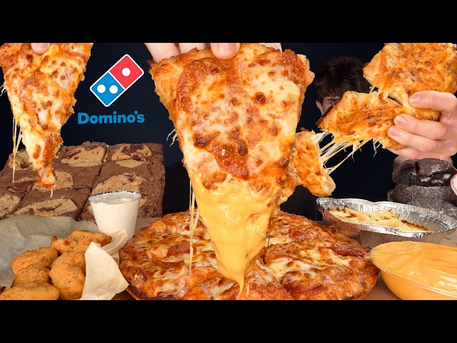 ASMR MUKBANG DOMINO’S EXTRA CHEESE PIZZA, CREAMY PASTA, CHEESY BREAD & CHICKEN | WITH CHEESE & RANCH