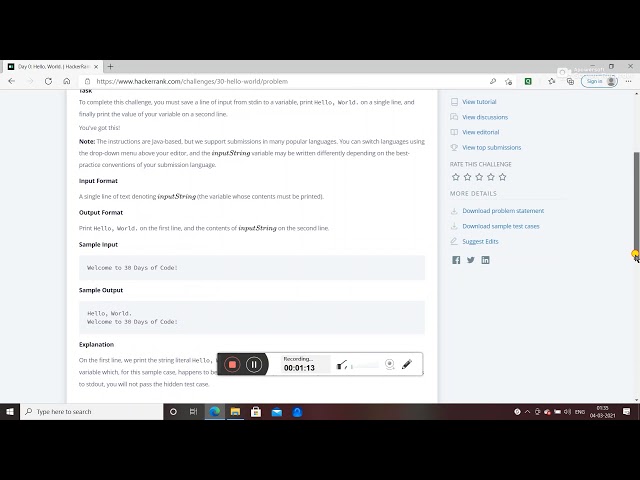 Day 0 of 30 Days code challenge at Hackerrank || hello world in java programming language