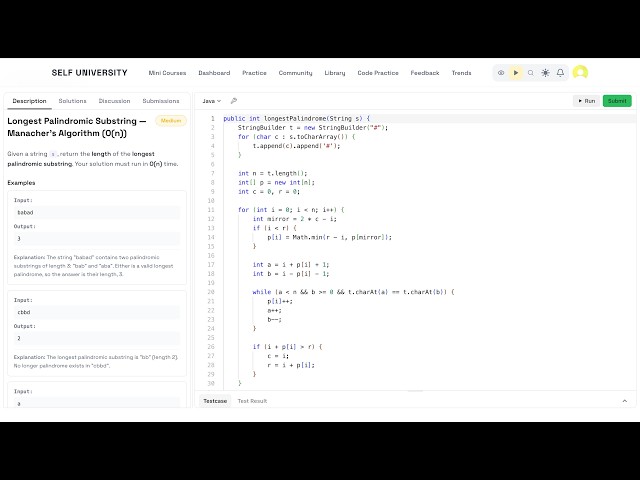 Longest Palindromic Substring — Manacher's Algorithm (O(n)) - SeflUniversity