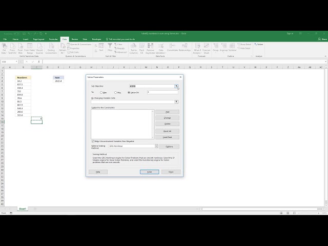 Find numbers in sum [Excel Solver]