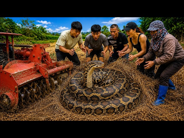 Giant Python Trapped Inside a Plowing Machine! Incredible Rescue in the Rice Field