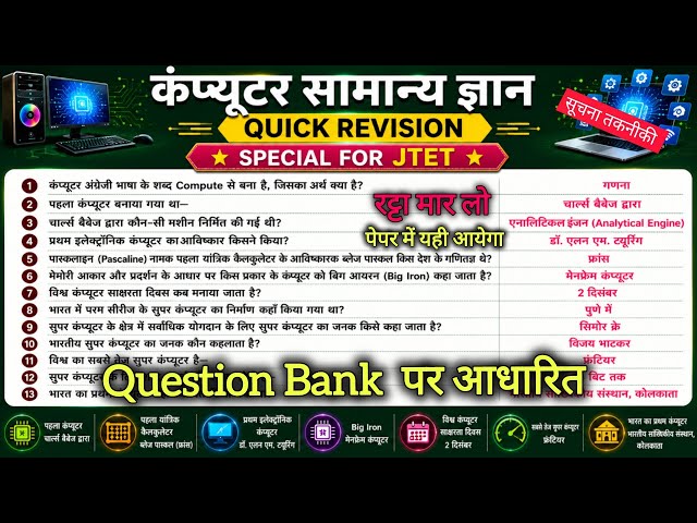 कंप्यूटर सामान्य ज्ञान || Qestion bank पर आधारित || Set - 1 || Special For JTET