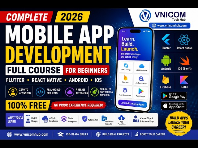 Mobile App Development Course 2 for Beginners 2026(Flutter, React Native, Android & iOS)
