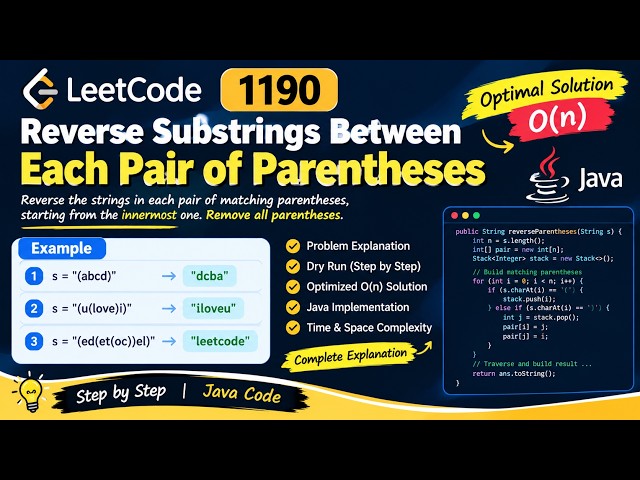 LeetCode 1190 | Reverse Substrings Between Each Pair of Parentheses | O(n) Java Solution | Explained