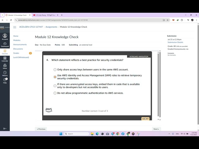 Module 12 Knowledge Check | Developing Secure Applications on AWS | AWS Academy Cloud Developing