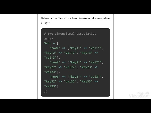 Syntax of Two Dimensional Associative Array  in php