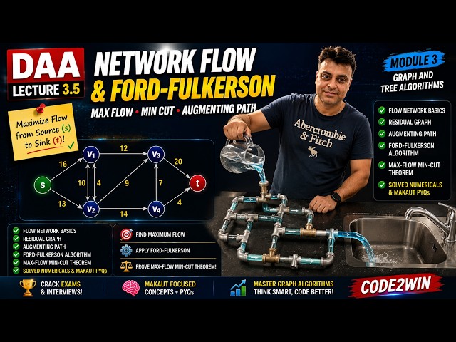 🎓 DAA Lecture 3.5: Network Flow & Ford-Fulkerson Algorithm Explained 🔥 | Max Flow Min Cut | Code2Win