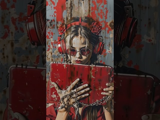 Vexa Carmine — Urban Street-Art Portrait of a Digital Muse (Red Headphones, Roses, Chains)