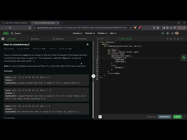 Floor in a Sorted Array | GeeksforGeeks GFG Solution in C++ | Binary Search | DSA