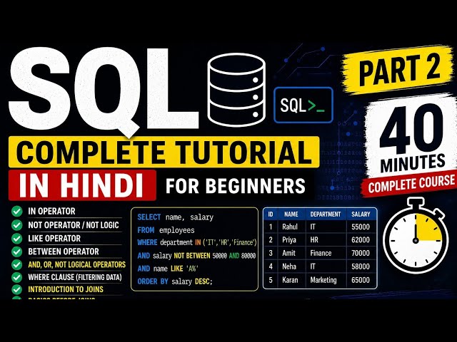 SQL Tutorial in Hindi Part 2 | IN, NOT, LIKE, BETWEEN, AND, OR Operators | SQL Complete Course