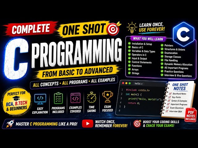 🔥 Complete C Programming One Shot | Full C Course with Notes PDF | C Programming for Beginners