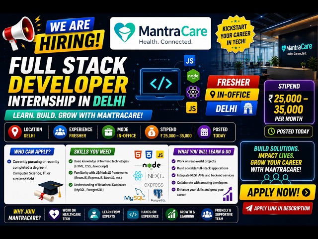🔥 MantraCare Full Stack Developer Internship 2027 | Freshers | ₹25,000–₹35,000 | Delhi