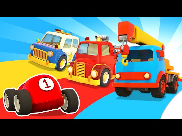 Die Helfer Autos auf Deutsch. Die Einsatzfahrzeuge eilen zu Hilfe. Cartoon für Kinder auf Deutsch