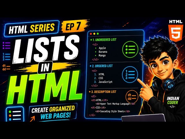 HTML Tutorial #7 | Lists in HTML Explained | Ordered, Unordered & Description Lists