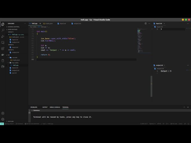 VS Code Configuration  (Live input output) For C/C++  to make Competitive Programming Easy (Linux)