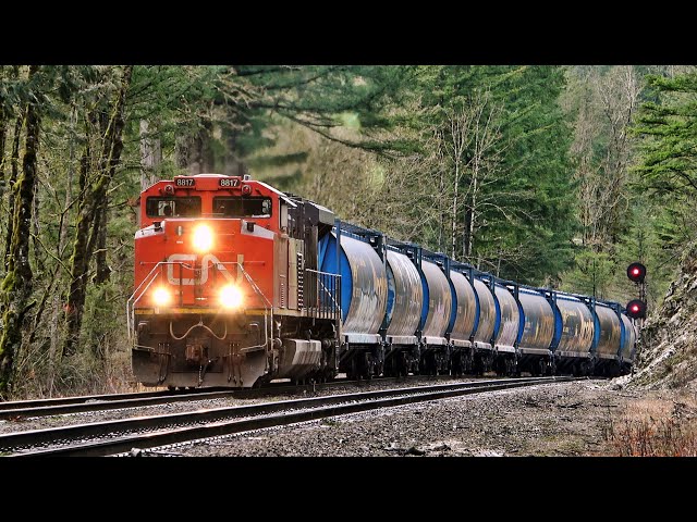 EMD Locomotives Pull Monster Size Grain Train Over Big Steep Grade! w/ DPU & Alberta Hoppers!