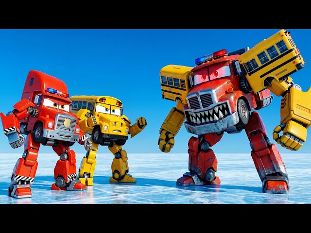 Kitten found abandoned school bus robot and truck robot! 
