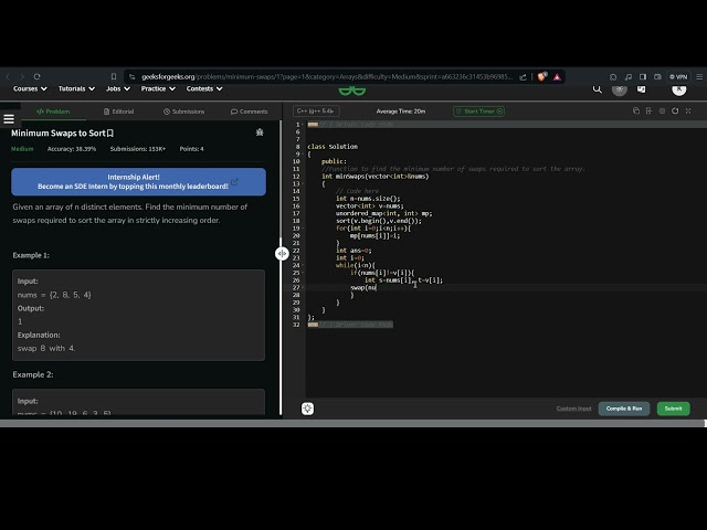 GFG | Medium Level Problem | Minimum Swaps to Sort | GFG Solution #gfg