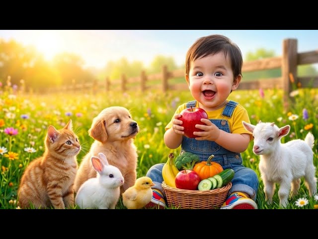 Baby Learns Fruits & Vegetables with Cute Baby Animals! 🍎🥦🐶 | Educational Video for Toddlers
