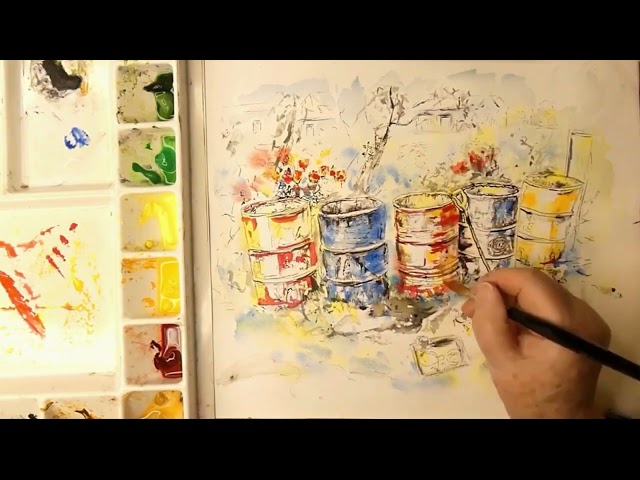 Tutorial: Ink Line and Watercolour Wash - Rustic 44-Gallon Can
