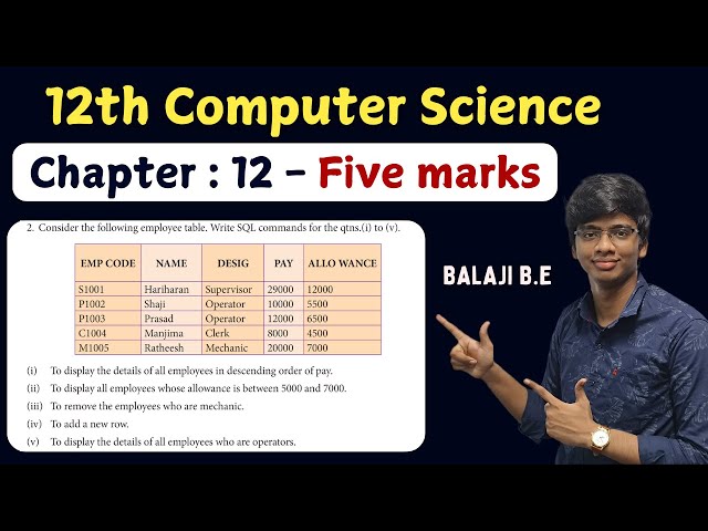 12th Computer Science | Chapter - 12 | Important 5 mark book back | SQL Program Question