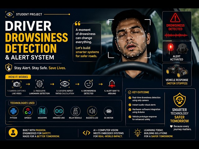 Driver Drowsiness Detection & Alert System | OpenCV + MediaPipe + Arduino UNO | AI Safety Project