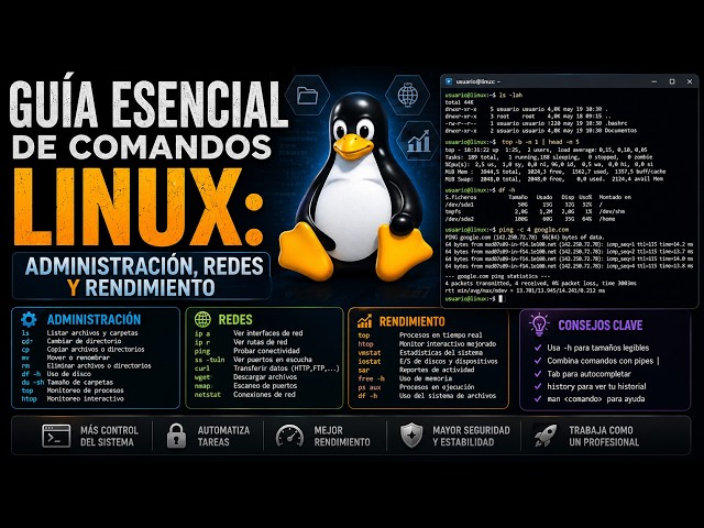 Guía Esencial de Comandos Linux: Administración, Redes y Rendimiento