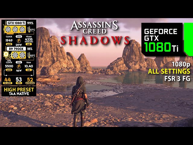 Assassin's Creed Shadows PC - GTX 1080 Ti (1080p, All Setting, FSR 3 Frame Generation)