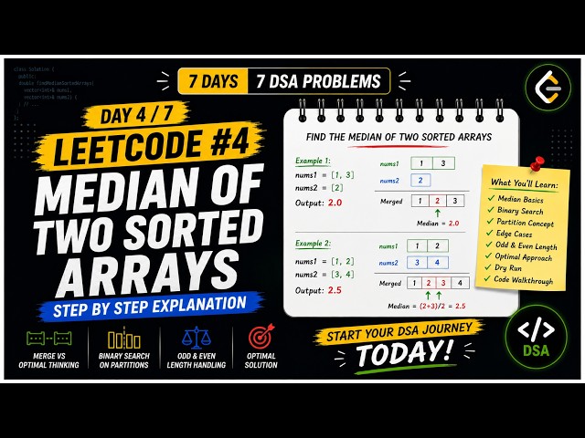 LeetCode #4: Median of Two Sorted Arrays | Hard Interview Problem Explained | Day 4/7