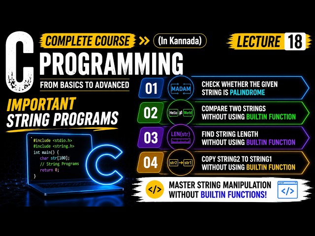 String Programs in C | Palindrome, Compare, Length & Copy | C Programming in Kannada | Lecture 18