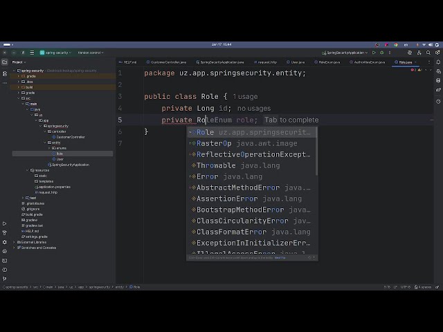 Spring-security User class va database sozlamalari