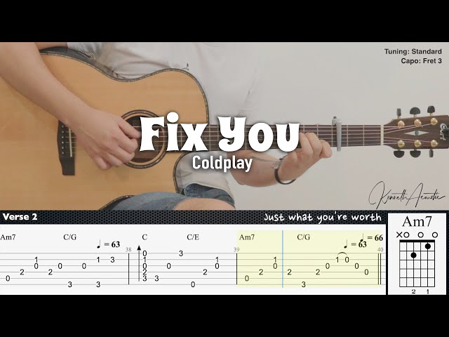 Fix You - Coldplay | Fingerstyle Guitar | TAB + Chords + Lyrics