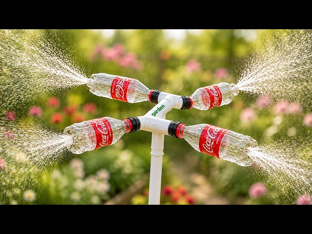 Don't throw away old plastic bottles! Turn them into a 360° rotating water sprinkler.