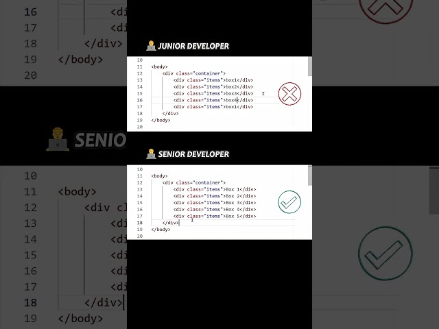 ​Junior vs Senior Developer 😂💻 #shorts #webdevelopment #css #htmltips