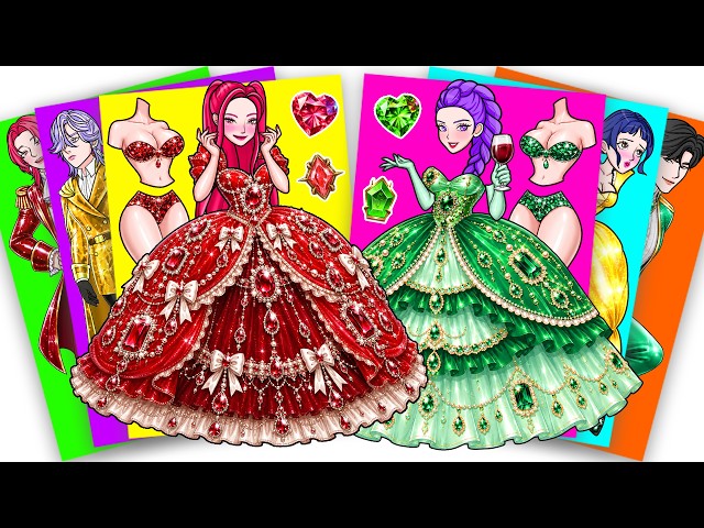 RED VS GREEN Huntrix RUMI MIRA DRESS UP INTO GEMSTONE PRINCESS | Sticker Book DIY