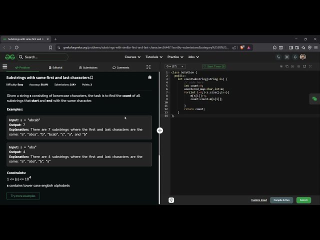 Substrings with Same First and Last Characters | GFG Solution in C++ | Hashing Approach