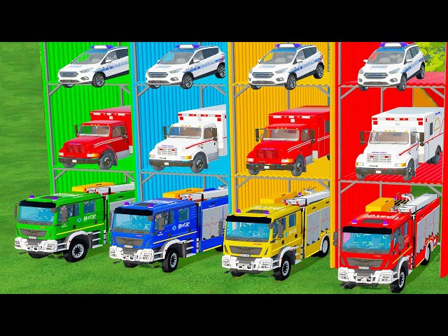 LOADER OF COLORS! MULTI STOREY CAR PARK vs FIRE DEPARTMENT, AMBULANCE AND POLICE CARS! FS22