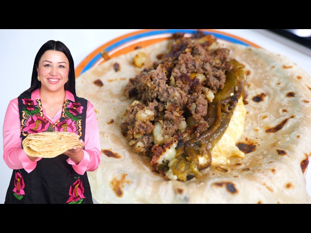 Homemade BURRITOS: Fresh Flour Tortillas, Ground Beef Potatoes and Chile Verde Filled with Cheese  