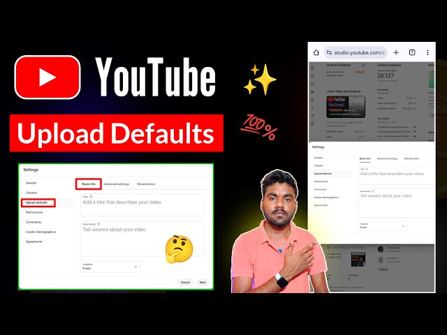YouTube Studio Settings Upload Defaults Basic Info Title Description Visibility Tag