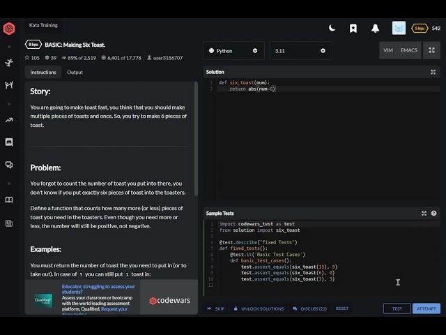 codewars python BASIC Making Six Toast