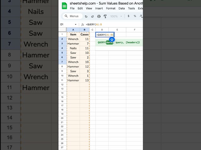 Sum Values Based on Other Cells #googlesheets #query