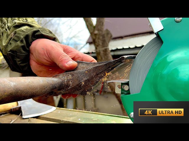 Sharpening a Heavy Metal Chisel on a Grinding Wheel 4K Full HD
