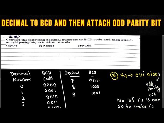 Convert the following decimal numbers to BCD code and then attach an odd parity bit, at the end …