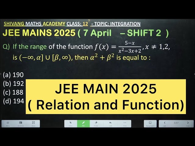 Q) If the range of the function 𝑓(𝑥)=(5−𝑥)/(𝑥^2−3𝑥+2),𝑥≠1,2,      is (−∞,𝛼]∪[𝛽,∞), then 𝛼^2+𝛽^2