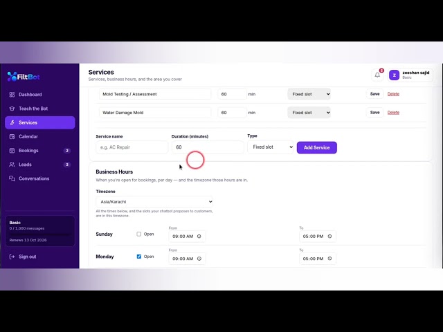 How to Set Up Services, Business Hours & Service Area in FiltBot | HVAC Tutorial