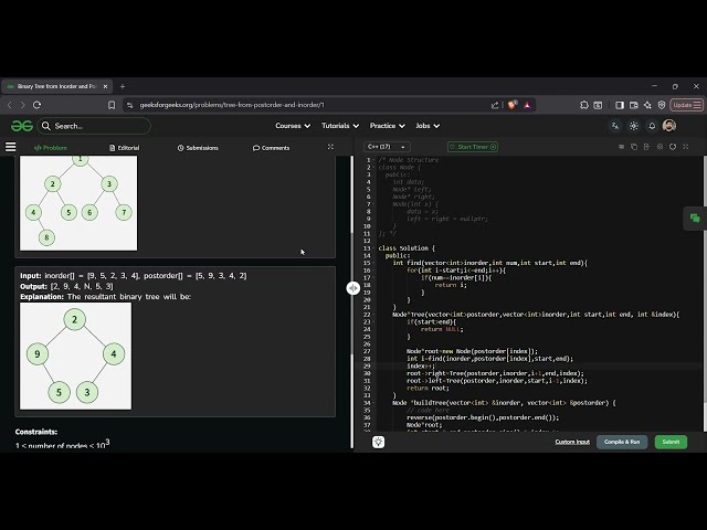 Binary Tree from Inorder and Postorder | GFG Solution in C++ | Tree Construction Explained
