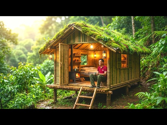Building a Bamboo Stilt House in the Wild Jungle 24/7 — Off-Grid Raised Shelter
