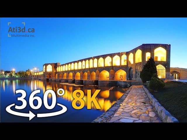 Khajoo(built-in 1650) & Jouei (built-in 1655) Historical Bridges in Isfahan, Iran - 360° Video - 8K.